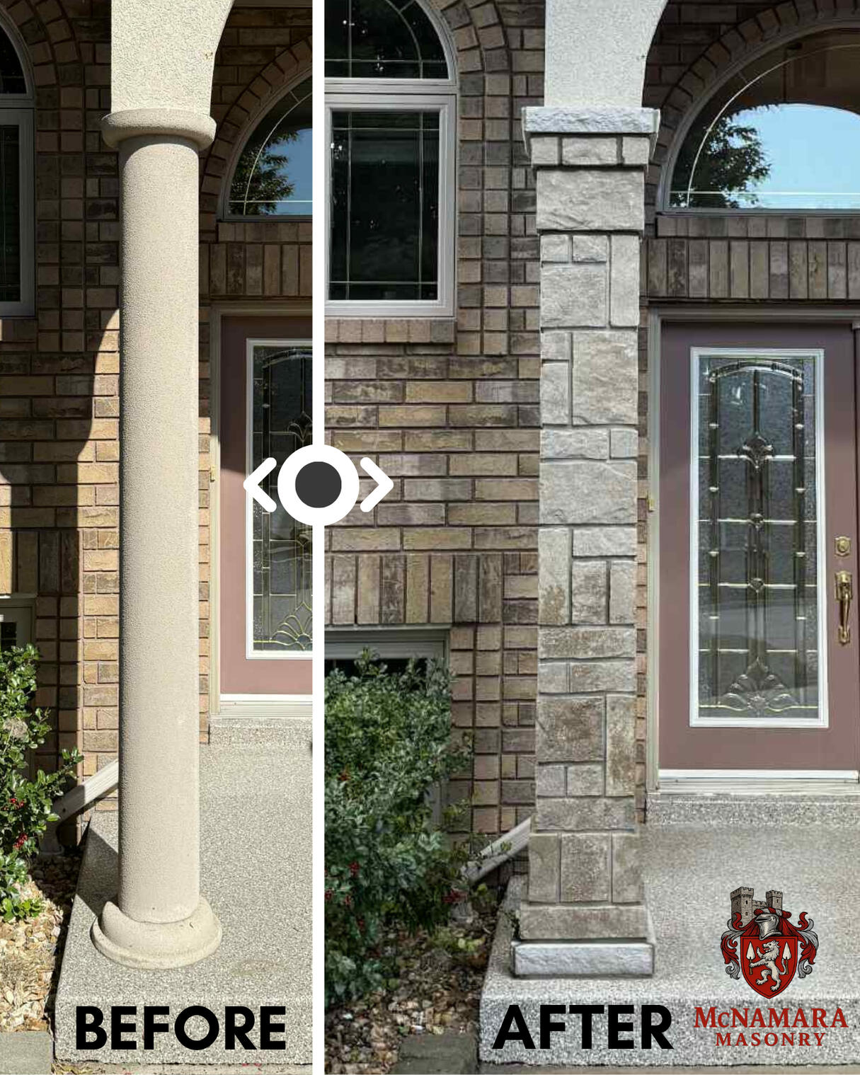 Stone masonry pillar with rock-faced limestone sills and Somerset colour Canterburry stone from Santerra built by McNamara Mason Expert masonry services including porch restoration, cracked arch rebuilds, chimney rebuilds, repointing, stone sill installation, brick repair, and stonework installation.