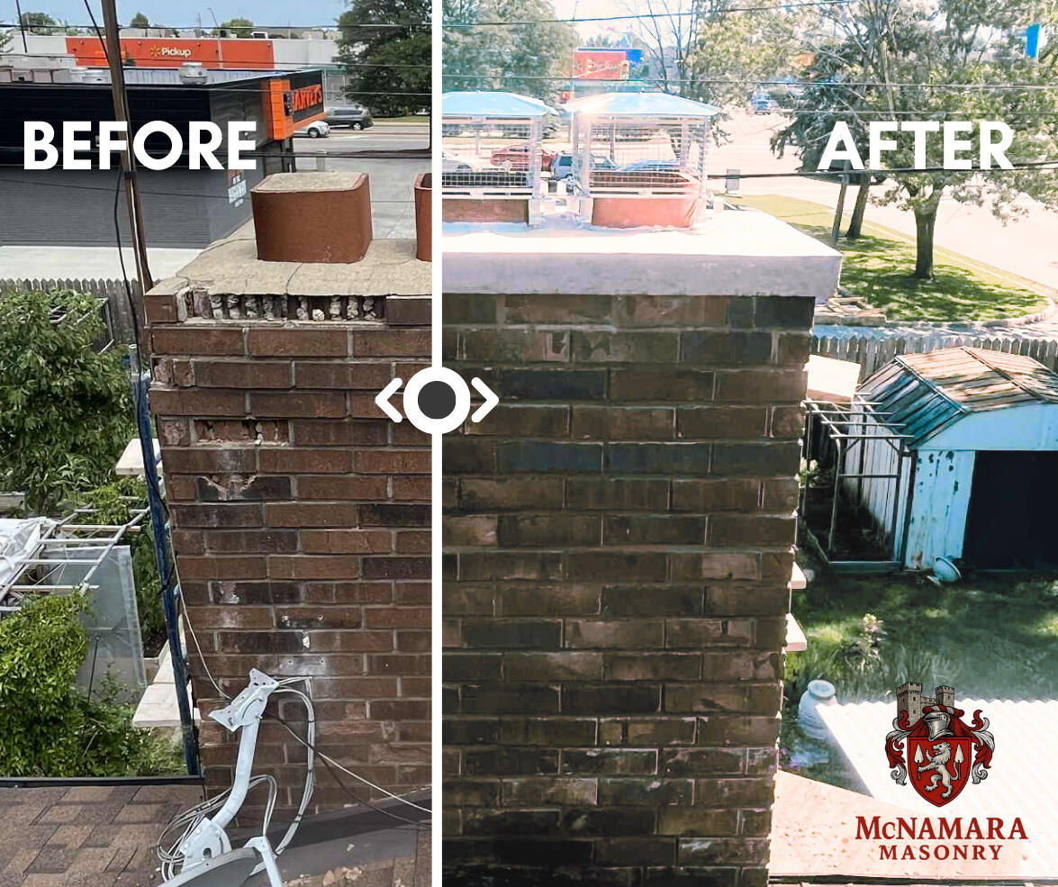 Dougall Chimney Rebuild in Windsor, ON. Full chimney repair and restoration by Windsor masonry services, ensuring long-lasting safety. Another project completed in Windsor, ON, Canada with pride. #WindsorStrong