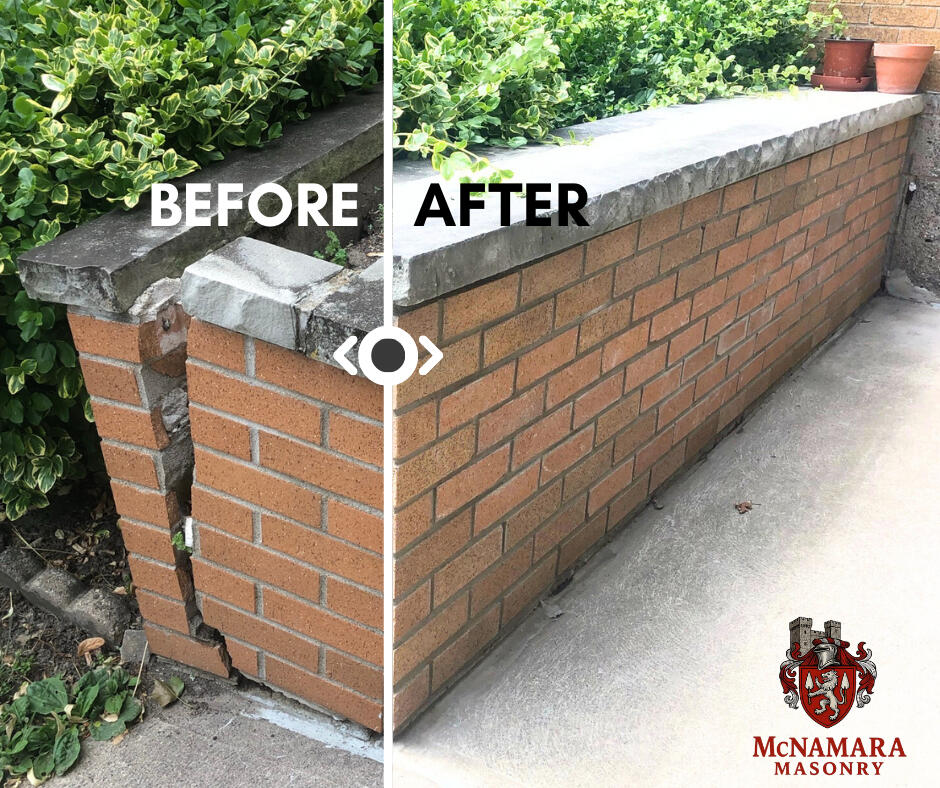 Before and After comparison of a broken brick garden wall outside of a home in East Riverside, Windsor, Ontario, Canada. Exterior cracked and broken brick wall fully rebuilt and completed on an old home in East Riverside, Windsor, Ontario, Canada. Proudly serving Windsor-Essex County.